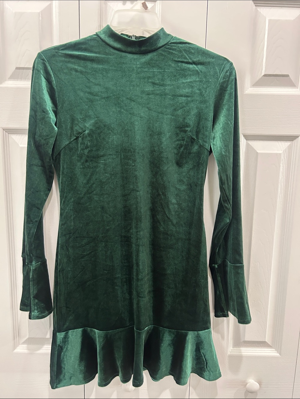 Emerald Velvet Long-Sleeve Ruffle-Hem Dress